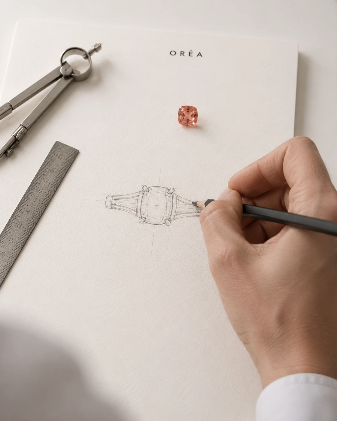 A hand drawing a ring in pencil on cream paper, the plan view half finished, dividers and a steel rule to one side and the loose orange pink cushion cut sapphire resting at the top of the sheet