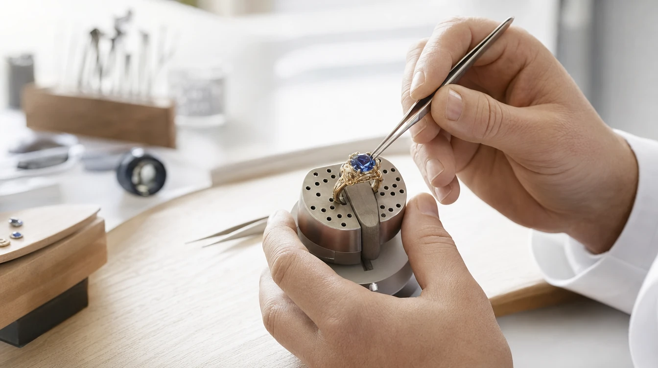 A goldsmith setting a stone in a gold ring held in a clamp at the bench