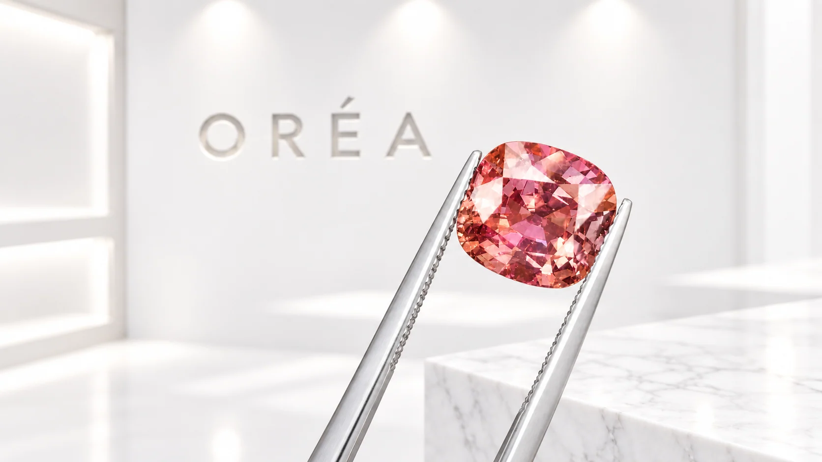 A cushion cut padparadscha sapphire held in tweezers before a white wall lettered ORÉA