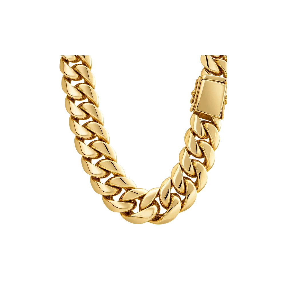 A heavy polished gold Cuban link chain with a rectangular box clasp