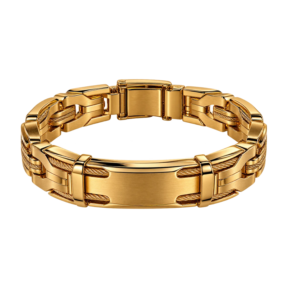 A gold bracelet of brushed links around a plain polished identity plate