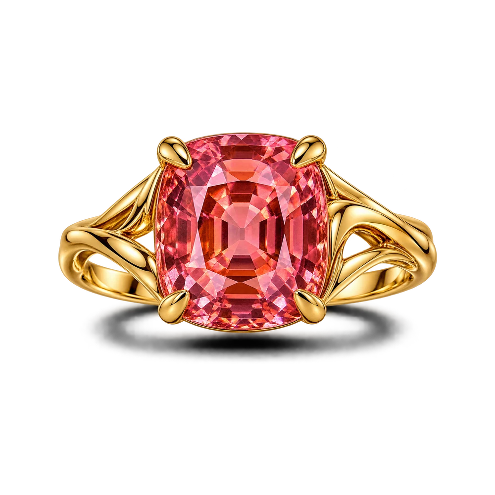 A cushion padparadscha sapphire in four claws on a split gold shank
