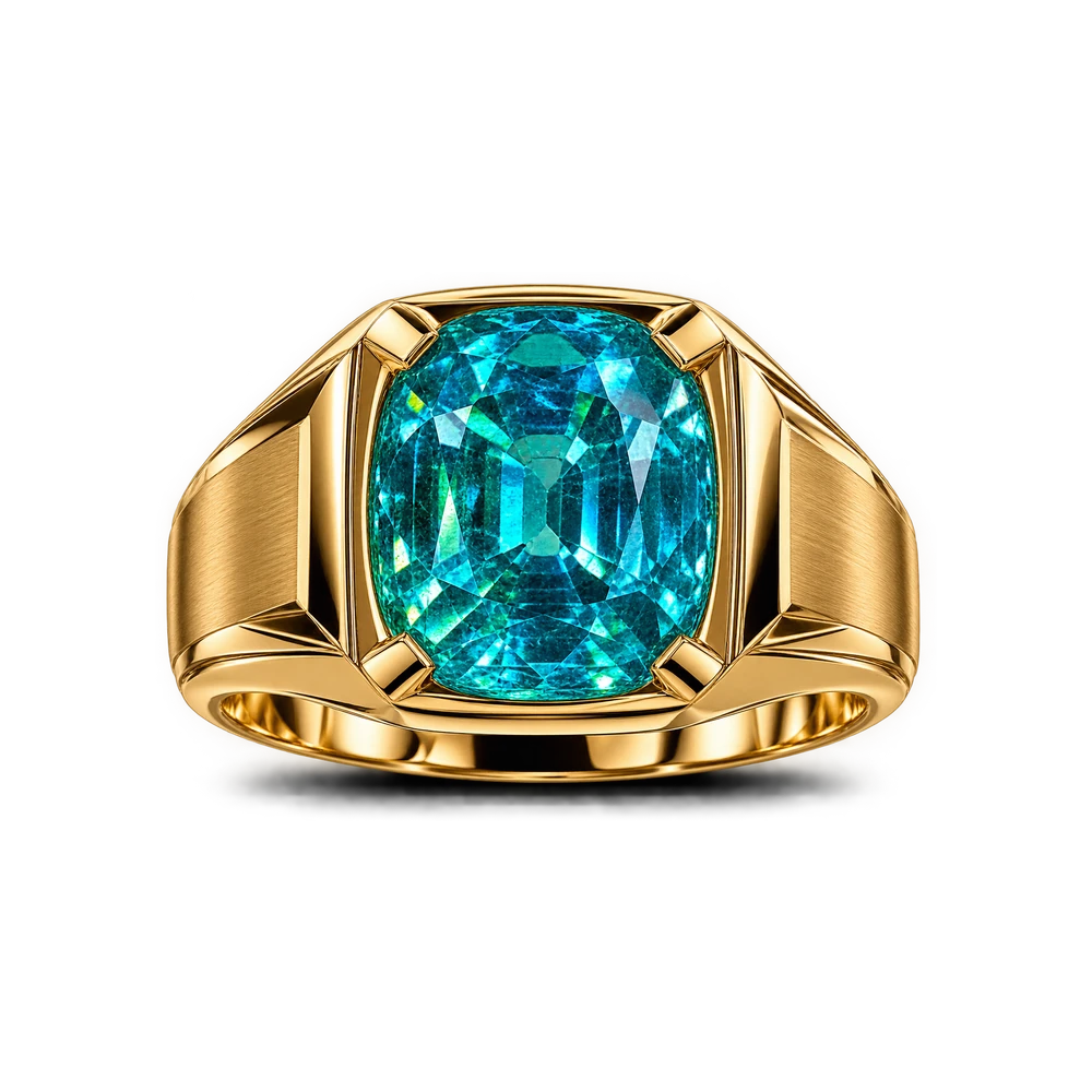 A cushion Paraíba tourmaline set flush in a broad gold signet
