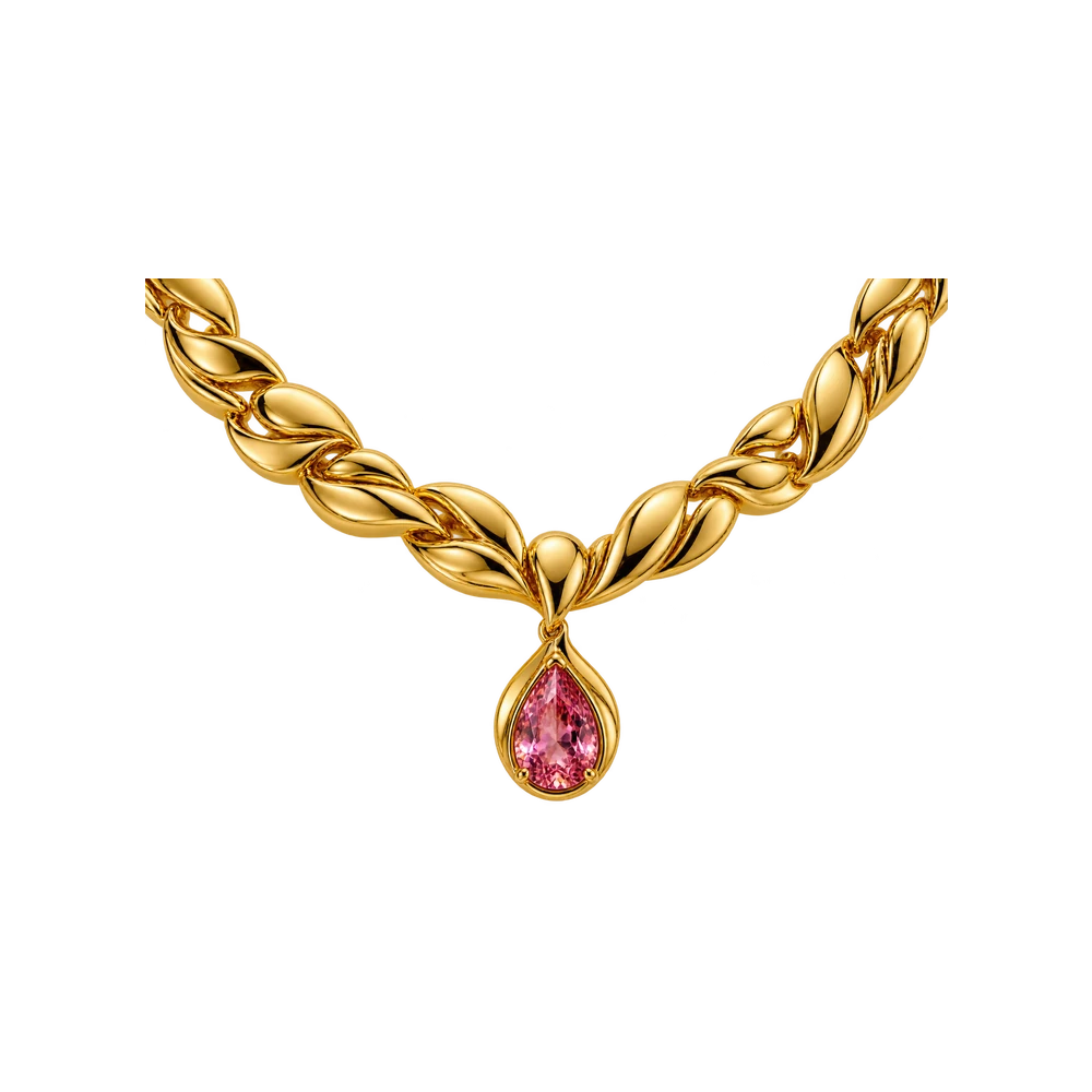 A twisted gold chain carrying a pear-cut pink stone in a gold bezel