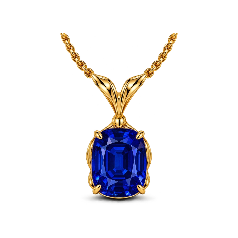 A cushion sapphire held in four gold claws on a fine gold chain