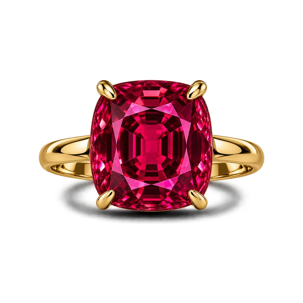A cushion red spinel set in four claws on a plain gold band