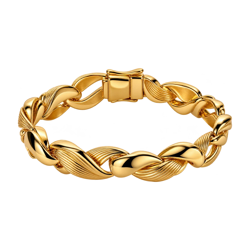 A gold bracelet of polished and fluted links twisting into one another