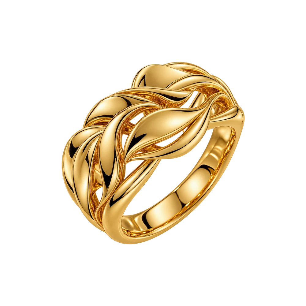 A wide gold ring of interwoven polished strands