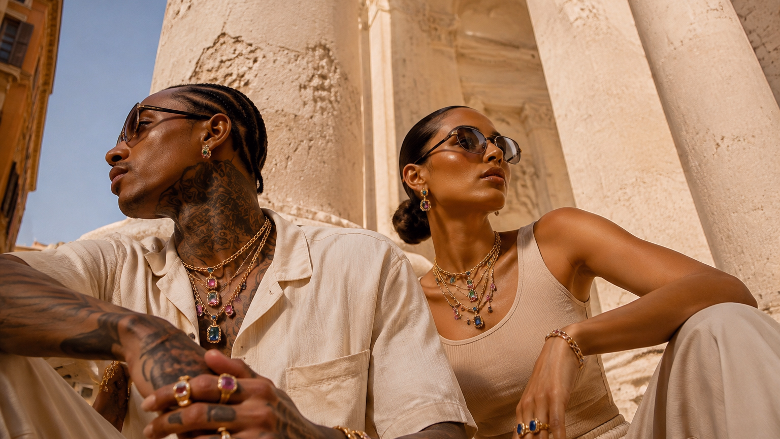 A man and a woman in linen and stone tones on sunlit steps beneath stone columns, wearing layered gem-set gold chains, stacked rings and bracelets